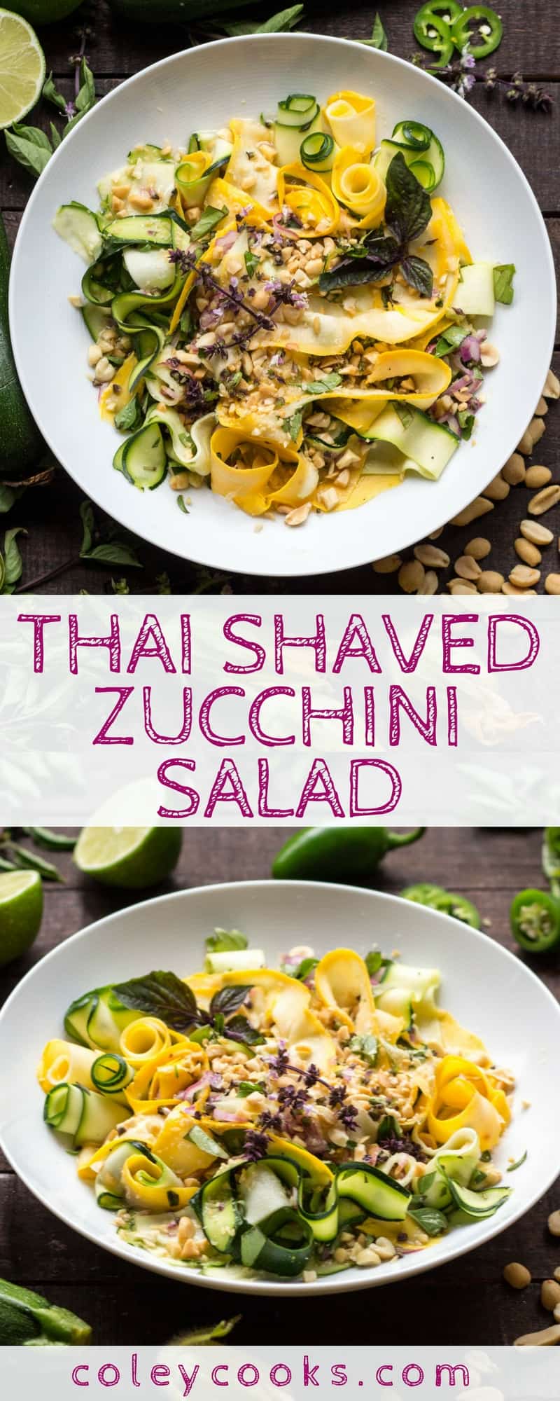 THAI SHAVED ZUCCHINI SALAD | Easy summer salad recipe bursting with flavor! Raw zucchini ribbons tossed in a light Thai vinaigrette, finished with Thai basil and crunchy peanuts! #recipe #salad #raw #plantbased #zucchini | ColeyCooks.com