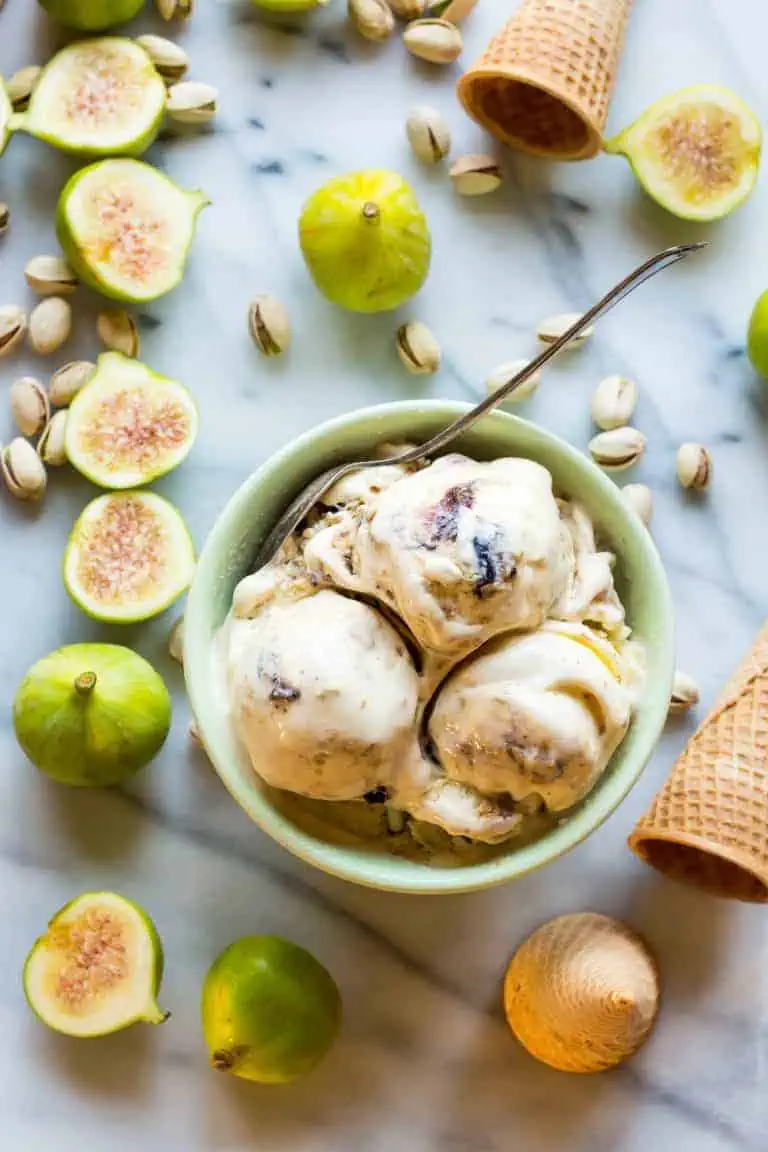 pistachio, ricotta and fig gelato in a small bowl
