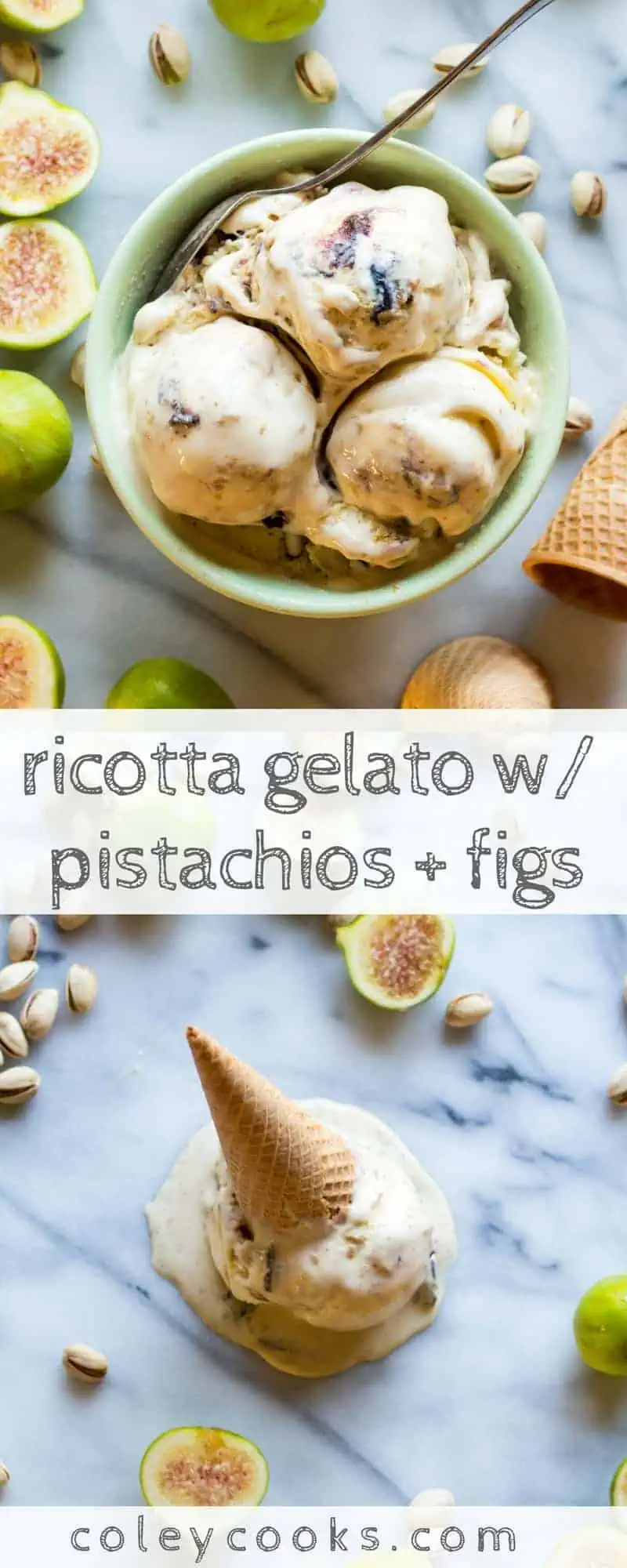 RICOTTA GELATO with PISTACHIOS + FIGS | This over the top gelato recipe combines all my favorite Italian flavors - ricotta with fig and pistachio! The best gelato flavor ever! #icecream #frozentreat #gelato | ColeyCooks.com