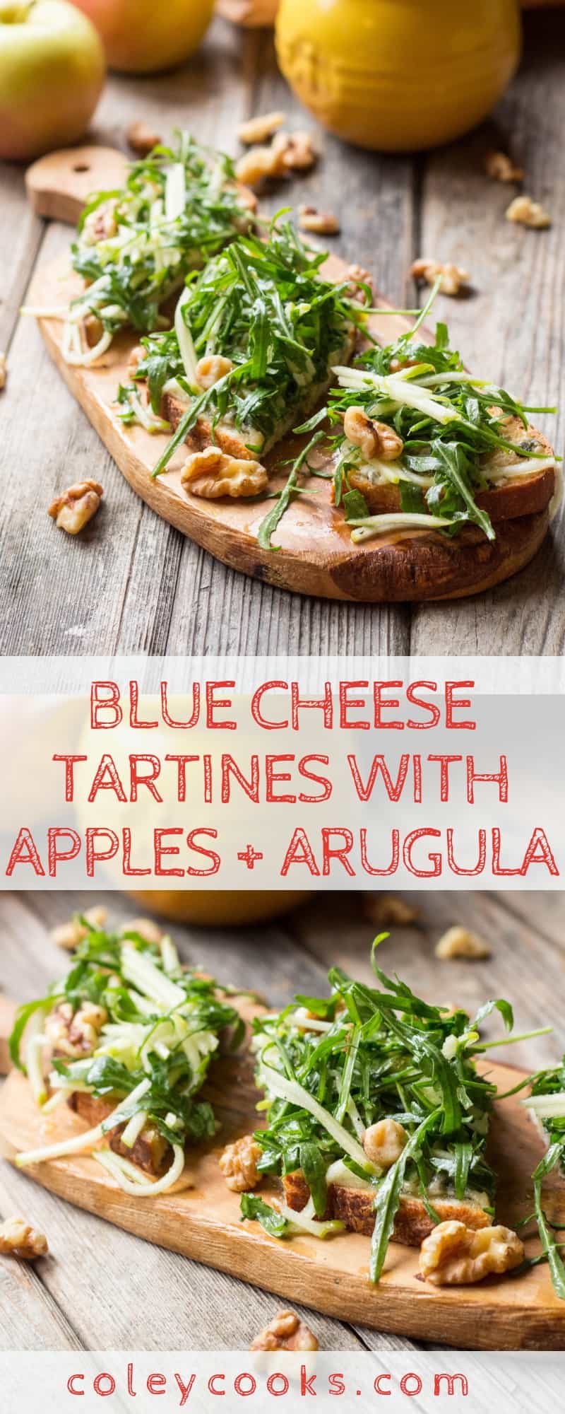 BLUE CHEESE TARTINES with APPLES + ARUGULA | Simple and delicious open face sandwich recipe! Tangy blue cheese, crisp apples, peppery arugula, crunchy walnuts. #easy #tartine #bluecheese #apple #cheese #recipe #brunch #lunch #sandwich #arugula | ColeyCooks.com