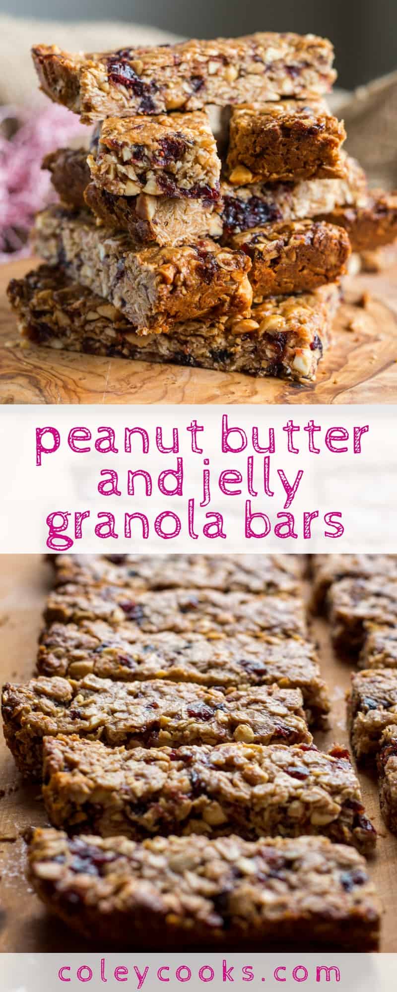 PEANUT BUTTER and JELLY GRANOLA BARS | This easy, healthy recipe for chewy peanut butter and jelly granola bars is gluten free + vegan! Great for kids, quick breakfasts, and snacking on the go! #glutenfree #vegan | ColeyCooks.com