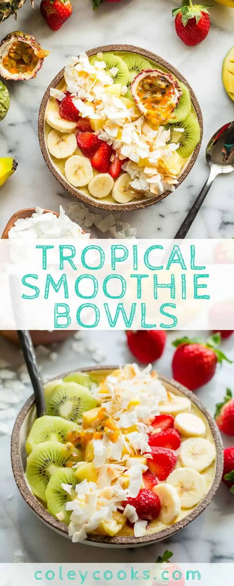 TROPICAL SMOOTHIE BOWLS | Beautiful smoothie bowls! This easy smoothie bowl recipe is loaded with healthy fruit and has the bold flavor of passionfruit, mango, banana and pineapple! #glutenfree #vegan | ColeyCooks.com