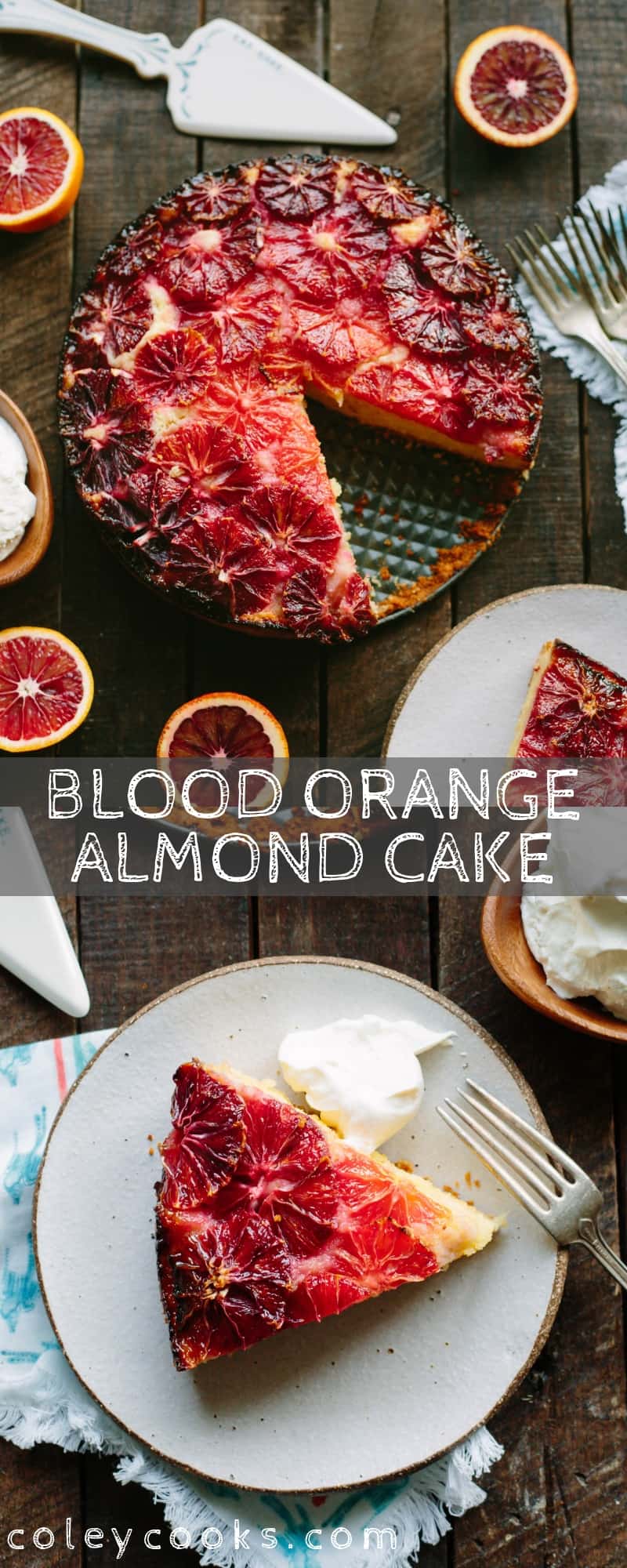 This recipe for Blood Orange + Almond Cake is a beautiful winter citrus dessert with a tender, moist crumb from the addition of yogurt and almond flour. #easy #citrus #blood #orange #winter #dessert #cake #recipe #fruit #yogurt #almond
