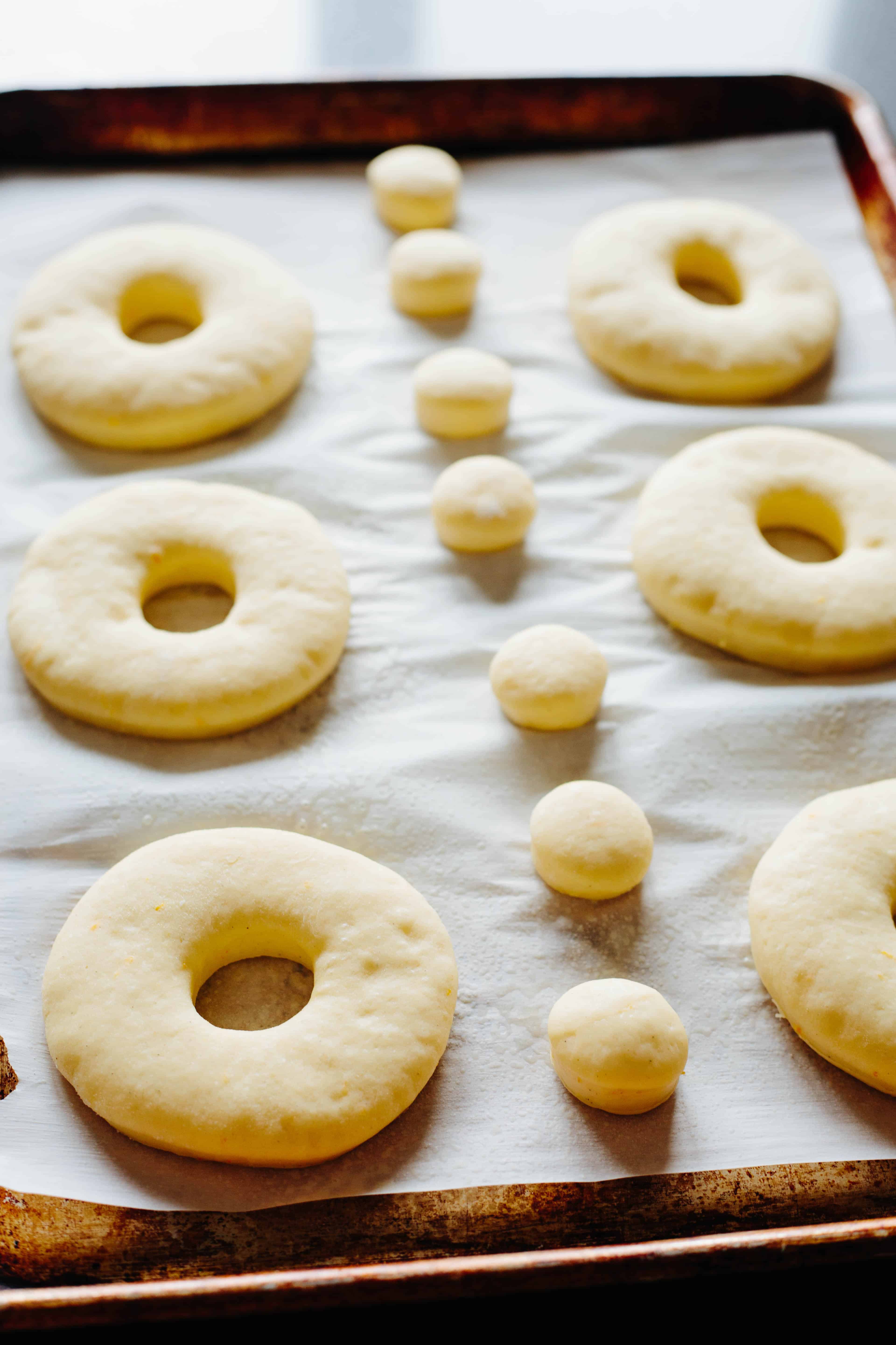 Raw lemon doughnuts and doughnut holes on parchment on a baking sheet.