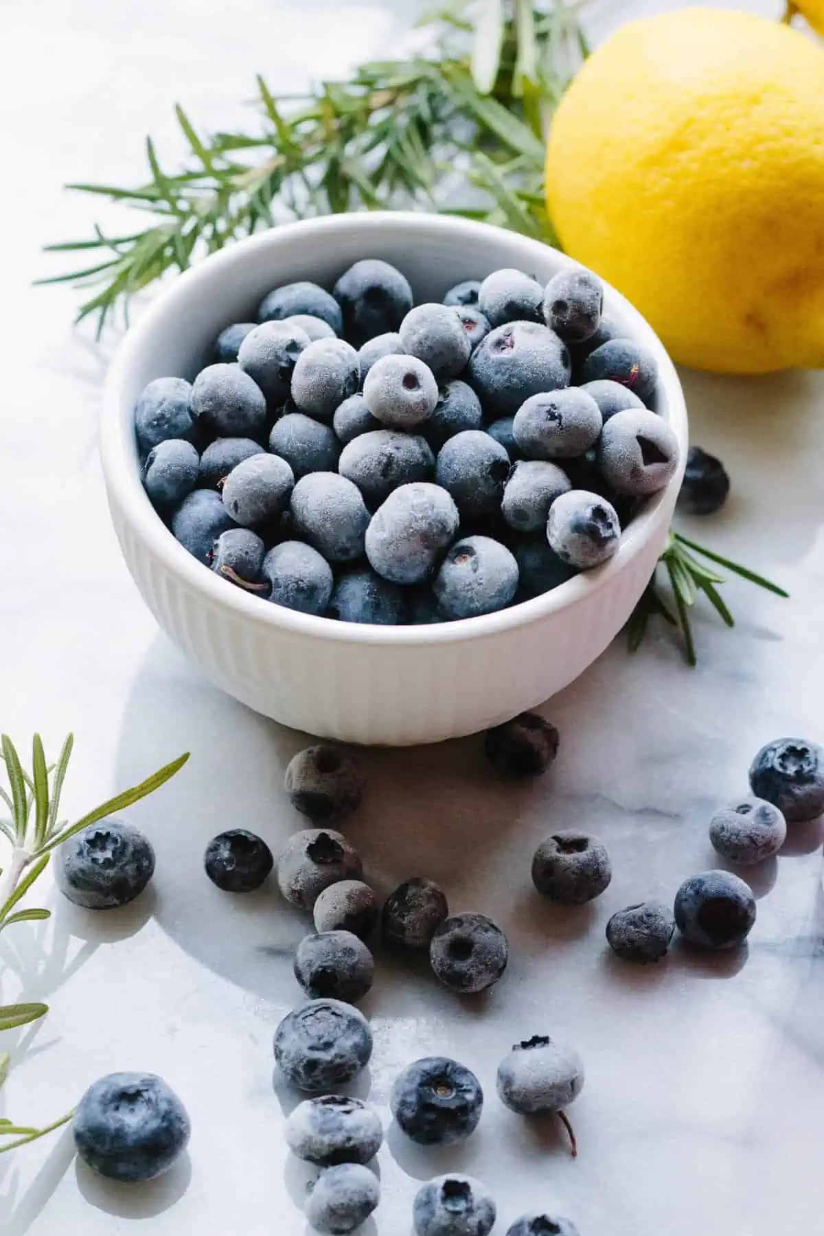 Small white bowl of fresh blueberries.