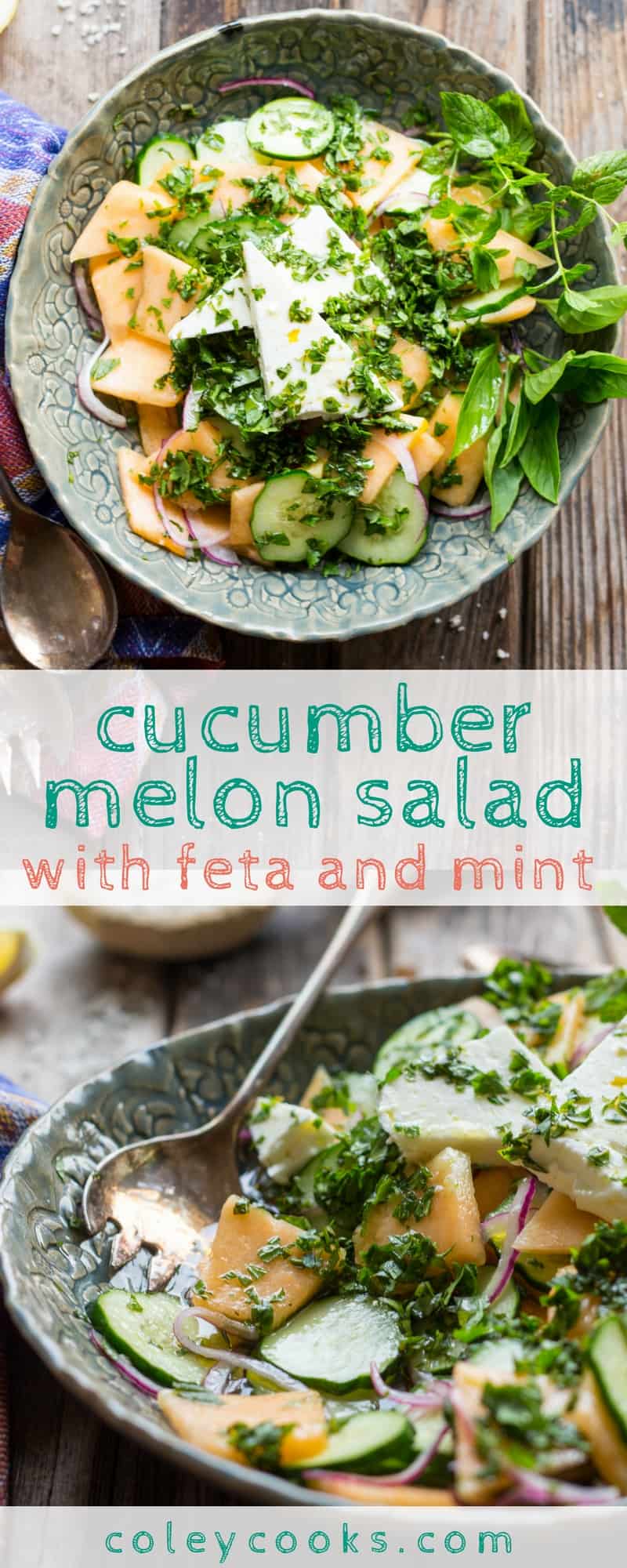 CUCUMBER MELON SALAD with FETA AND MINT | This easy, refreshing Cucumber Melon Salad with Feta + Mint is loaded with crisp cucumber, sweet summer cantaloupe, and salty chards of feta cheese. Perfect easy sumer salad recipe! #glutenfree #vegetarian | ColeyCooks.com
