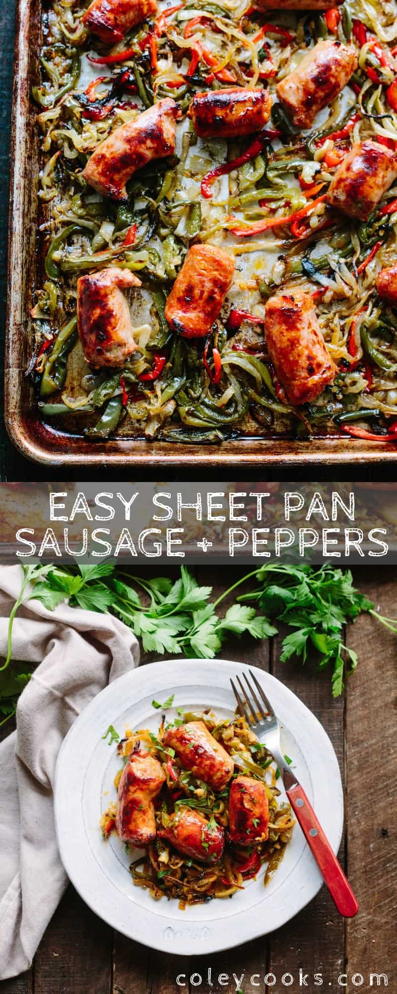 This recipe for classic Italian sausage and peppers is made easier and better by roasting the whole thing on a sheet pan! Easy prep, easy cleanup, awesome recipe! #easy #glutenfree #italian #recipe #sausage #peppers #sheetpan #dinner| ColeyCooks.com