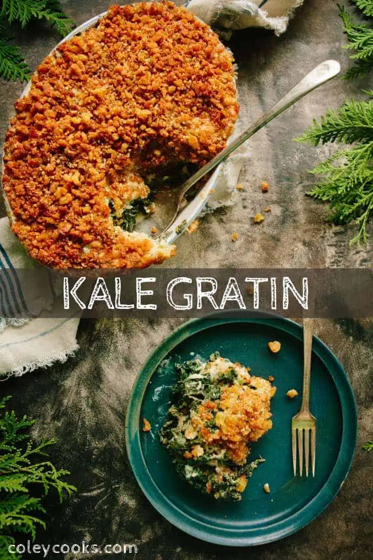 This Kale Gratin walks the line between healthy and indulgent. A great side for Thanksgiving, Christmas or a cozy winter night. #kale #gratin #cream #dessert #side #thanksgiving #easy #recipe | ColeyCooks.com