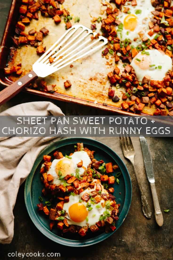 This quick and easy recipe for Sheet Pan Sweet Potato + Chorizo Hash with Runny Eggs is baked instead of fried, so it's healthier and easier to clean up! #easy #breakfast #brunch #recipe #paleo #chorizo #sweet #potatoes #eggs #sheetpan #healthy | ColeyCooks.com