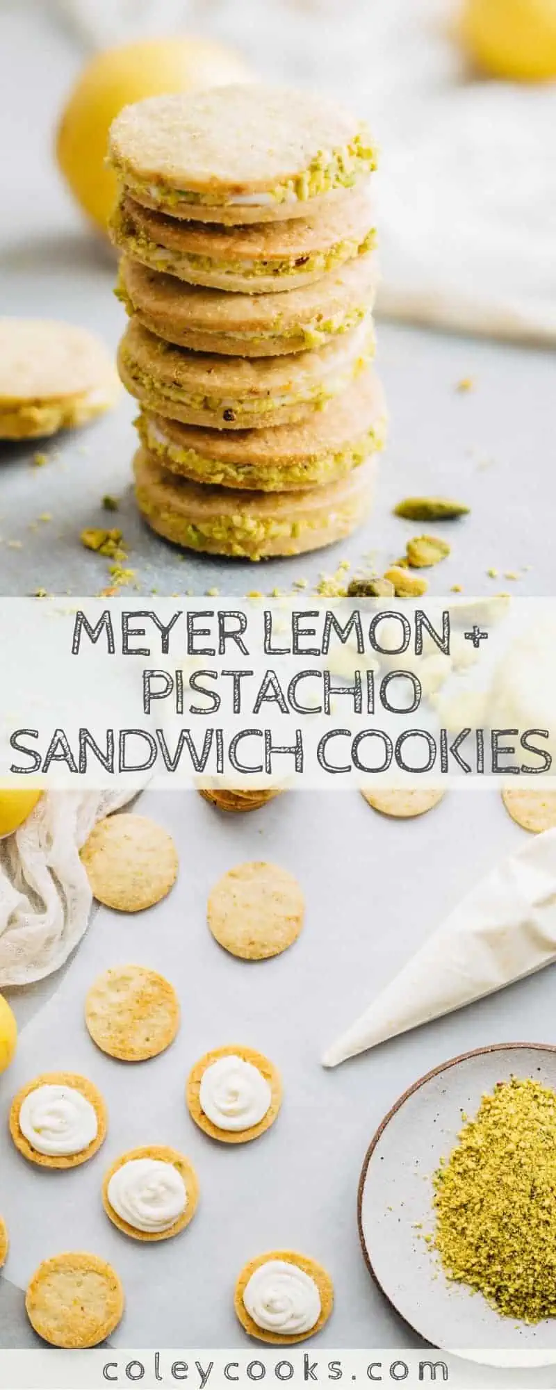 Meyer Lemon + Pistachio Sandwich Cookies are beautiful tart, and delicious! Pistachio shortbread filled with Meyer lemon buttercream. Great for Christmas! #christmas #cookie #recipe #sandwich #lemon #pistachio #shortbread | ColeyCooks.com