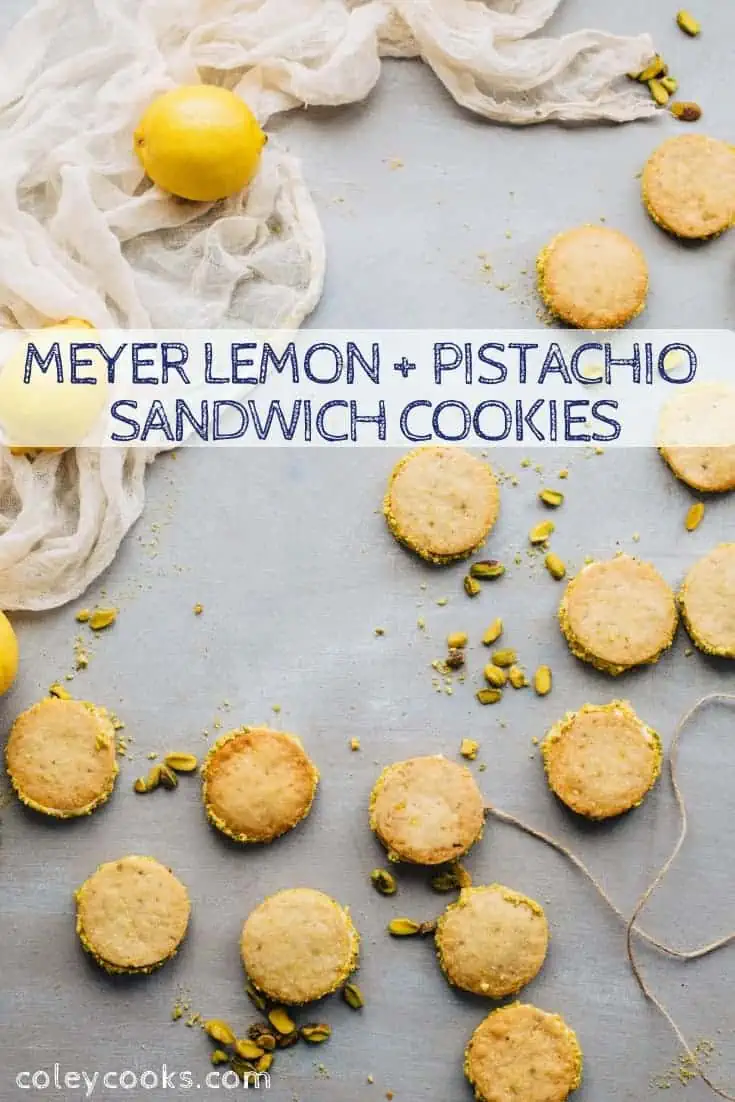 Meyer Lemon + Pistachio Sandwich Cookies are beautiful tart, and delicious! Pistachio shortbread filled with Meyer lemon buttercream. Great for Christmas! #christmas #cookie #recipe #sandwich #lemon #pistachio #shortbread | ColeyCooks.com