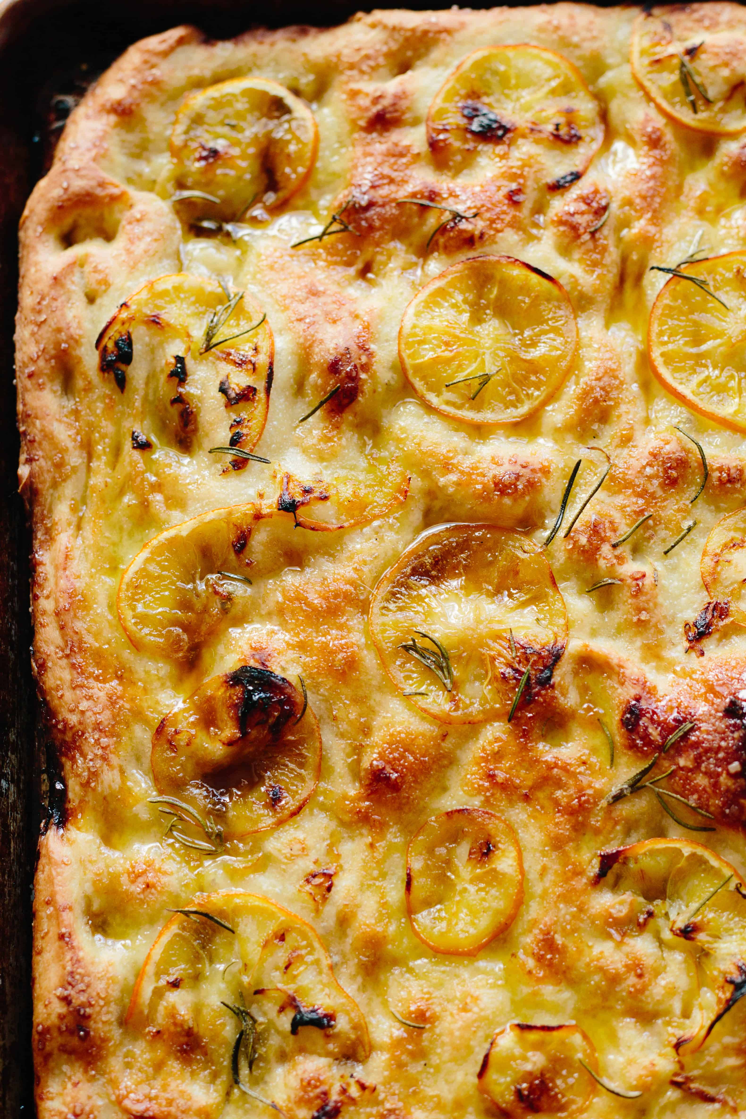 Close up top view of meyer lemon focaccia straight out of the oven.