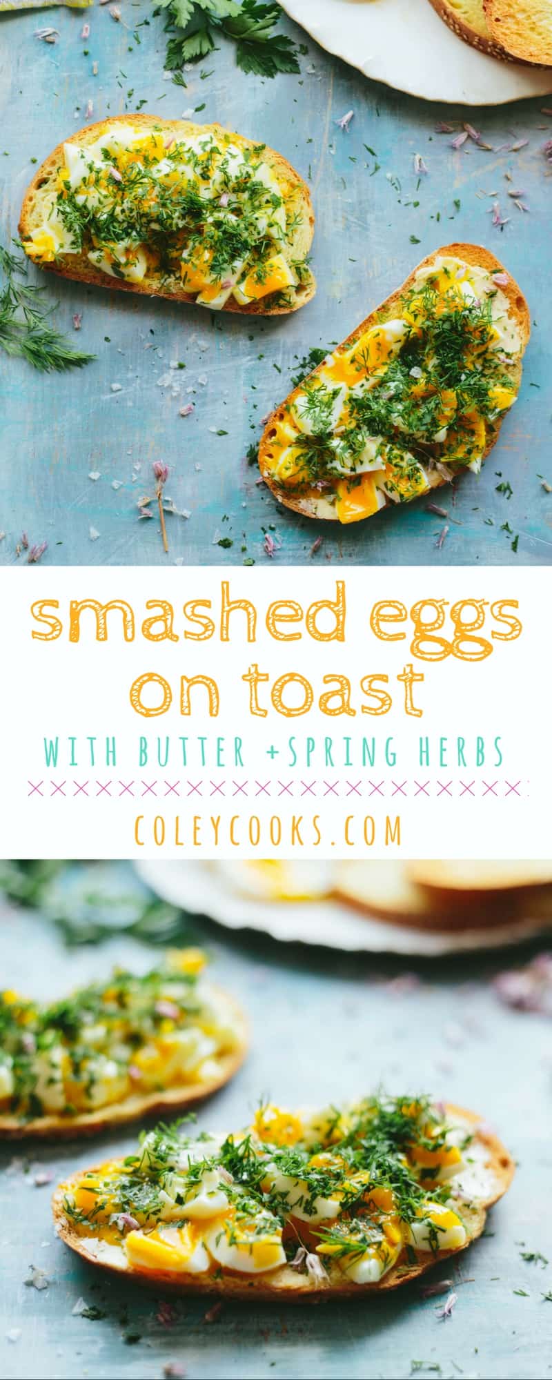 SMASHED EGGS ON TOAST with Butter + Spring Herbs | Soft boiled jammy eggs smashed on buttery toast with lots of spring herbs. Easy and delicious breakfast, lunch, dinner, or snack! | ColeyCooks.com