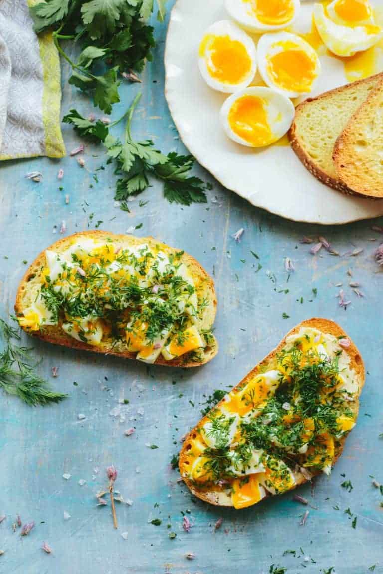 Smashed Eggs on Toast with Butter + Spring Herbs