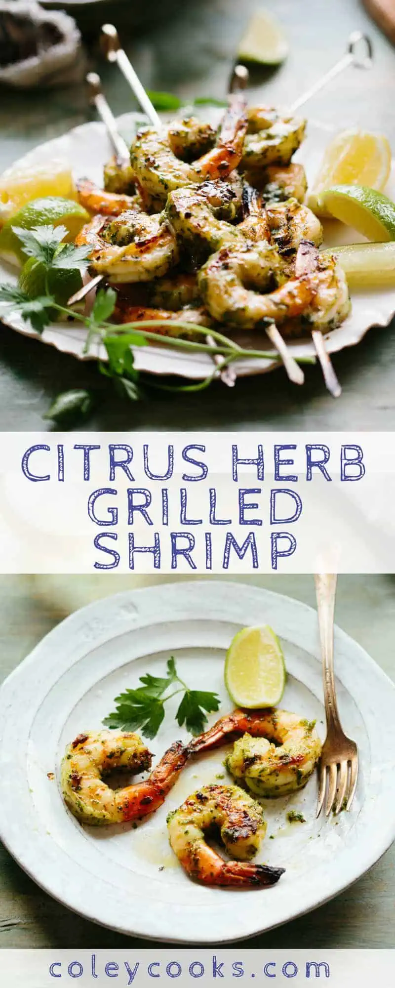 Citrus Herb Grilled Shrimp is easy, healthy and delicious dinner recipe! Great easy weeknight dinner idea or seafood appetizer. A great recipe for entertaining! #easy #shrimp #recipe #entertaining #grilled #dinner | ColeyCooks.com