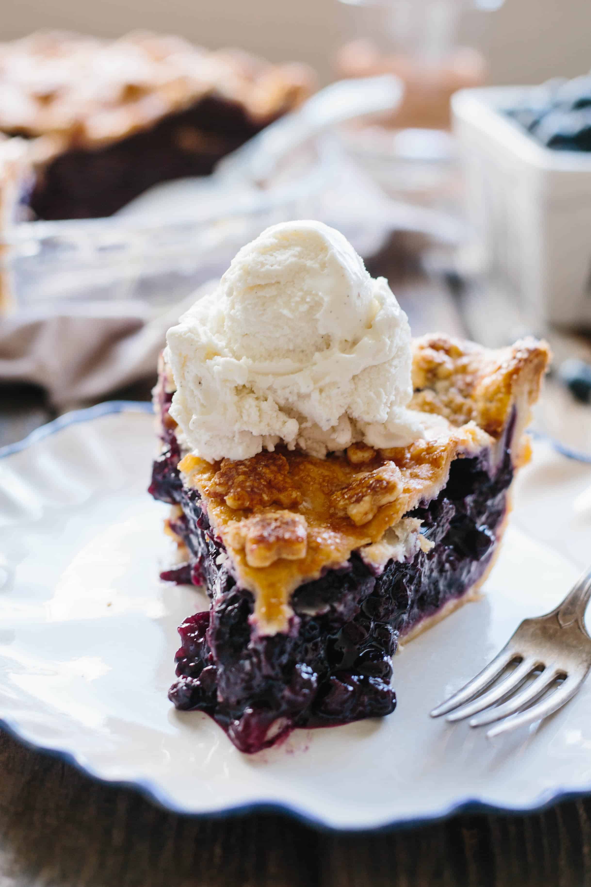 Close up shot of a slice of blueberry pie with vanilla ice cream on top.