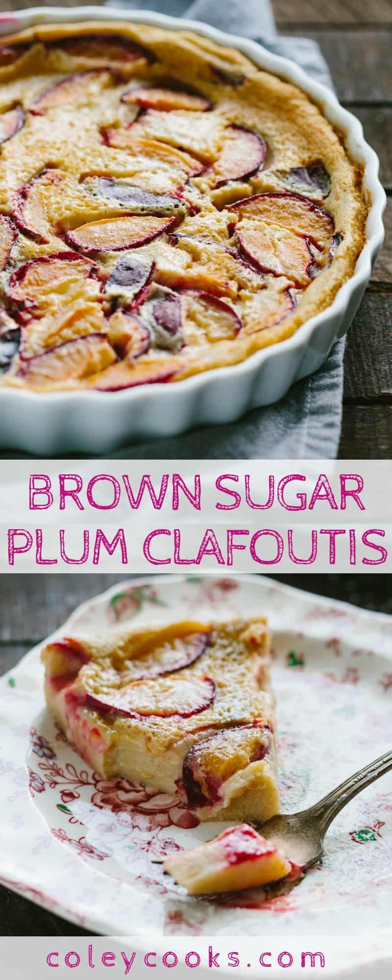 BROWN SUGAR PLUM CLAFOUTIS | This easy and elegant classic French dessert is silky, custardy, and full of juicy fresh plums. #french #dessert #easy #fruit #custard #elegant #egg #clafoutis #plums #recipe | ColeyCooks.com