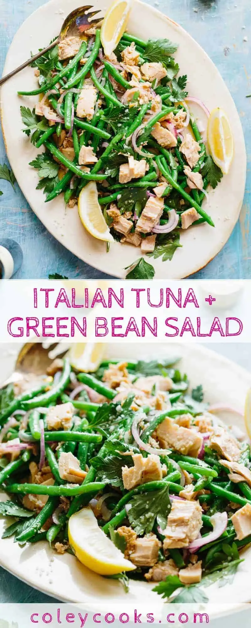 ITALIAN TUNA + GREEN BEAN SALAD | This recipe is so simple it's barely even a recipe! Low carb, high protein, light, refreshing delicious green bean and Italian tuna salad! #Italian #tuna #easy #greenbean #salad #recipe | ColeyCooks.com