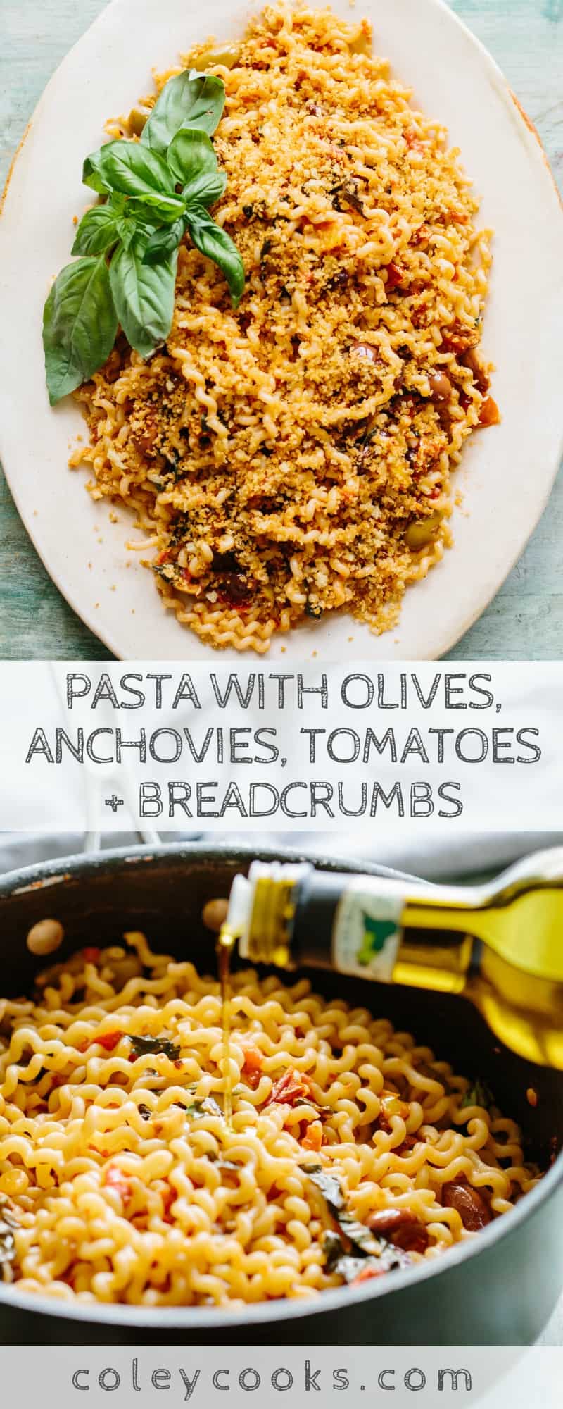 PASTA with OLIVES, ANCHOVIES, TOMATOES + BREADCRUMBS | This easy and flavorful pasta recipe is made with mostly pantry ingredients and can be on the table in under 20 minutes. #sponsored #pasta #recipe #anchovies #olives #easy #pantry | ColeyCooks.com