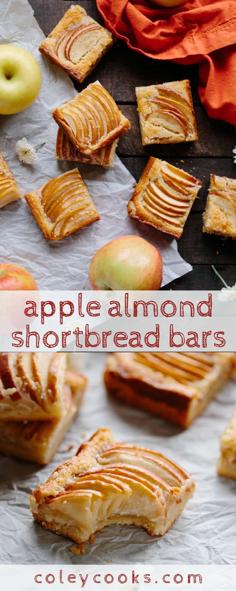 APPLE ALMOND SHORTBREAD BARS | Easy fall dessert recipe! Buttery shortbread crust with almond frangipane and tart apples baked in. #easy #fall #recipe #dessert #bars #cookies #apple #almond #frangipane | ColeyCooks.com