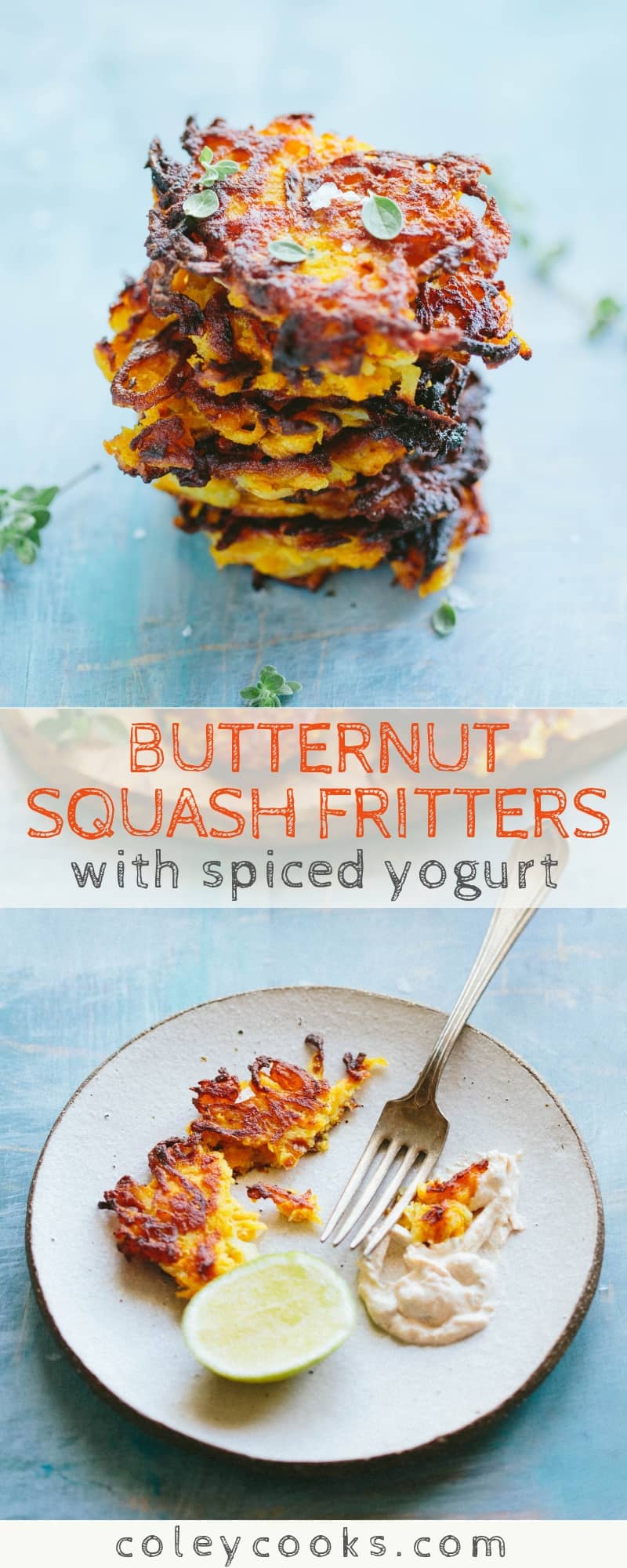 BUTTERNUT SQUASH FRITTERS with Spiced Yogurt | Best gluten free butternut squash fritters made with chick pea flour! Appetizer, side dish or light dinner #Thanksgiving #entertaining #recipe #butternut #squash #party #easy #glutenfree | ColeyCooks.com