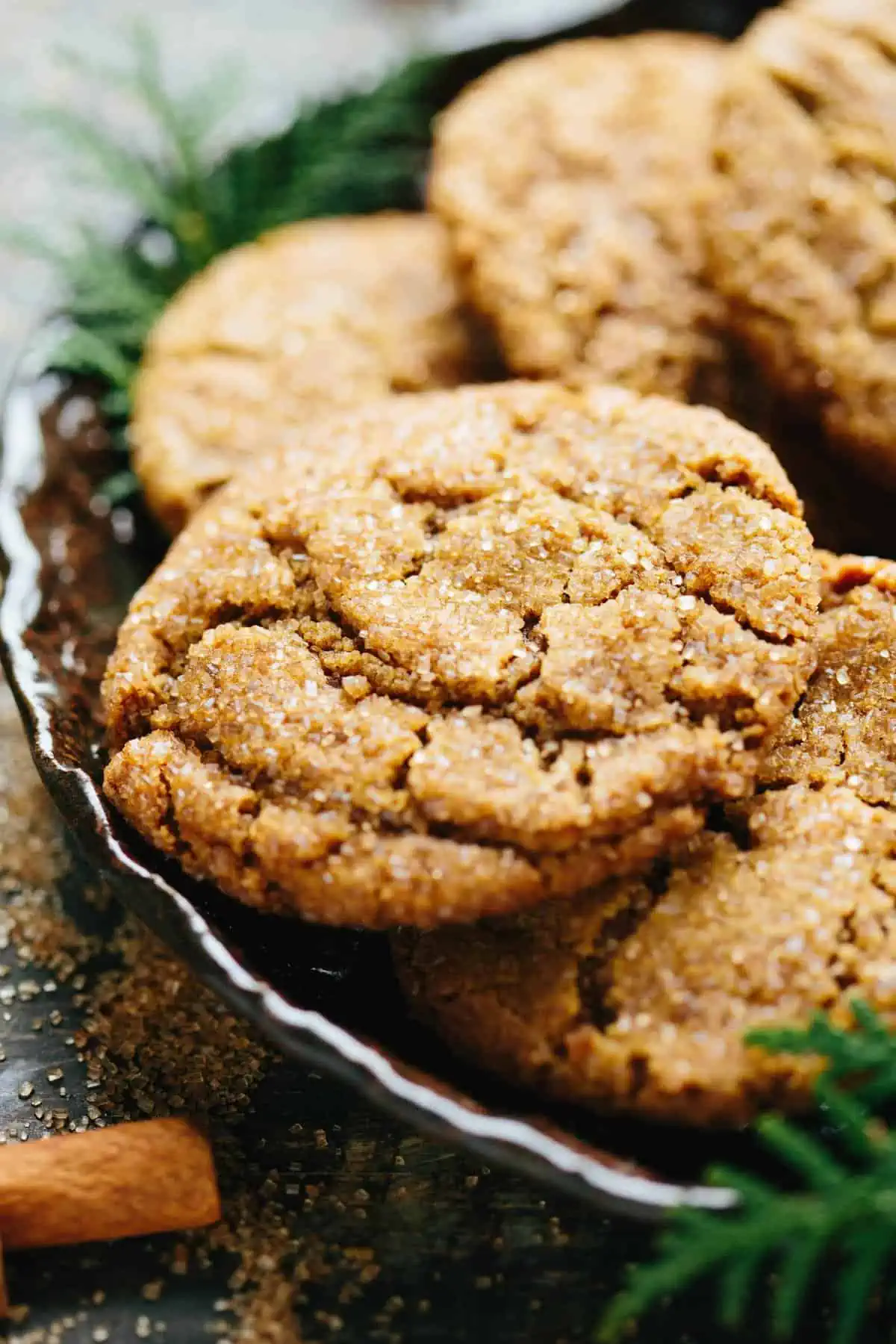 close up of Brown Butter Ginger Molasses Cookies on a plate