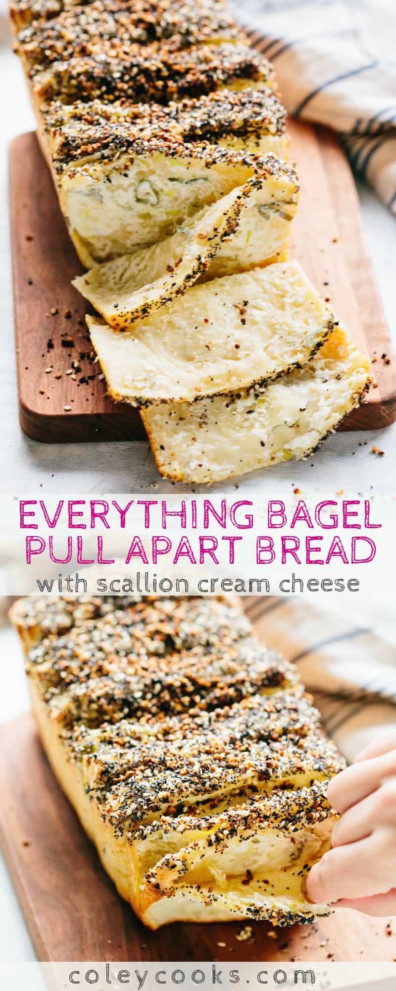 EVERYTHING BAGEL PULL APART BREAD with Scallion Cream Cheese | This is the BEST pull apart bread! If you love everything bagels, you will love this pull apart bread. | #pullapart #bread #recipe #everything #bagel #scallion #creamcheese | ColeyCooks.com