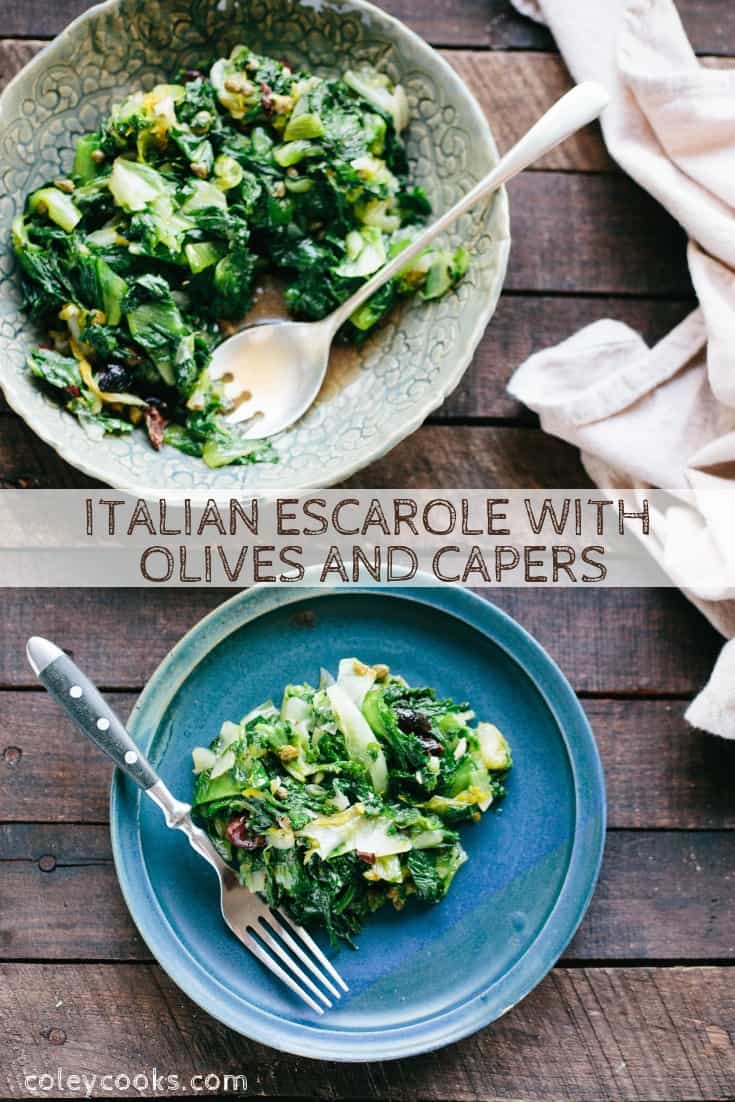 Italian Escarole with Olives and Capers is a classic Neapolitan side dish that's easy to make, super healthy, vegan, gluten free and packed with flavor! #easy #vegan #glutenfree #side #recipe #greens #side #escarole #Italian #naples #neapolitan #vegetables | ColeyCooks.com
