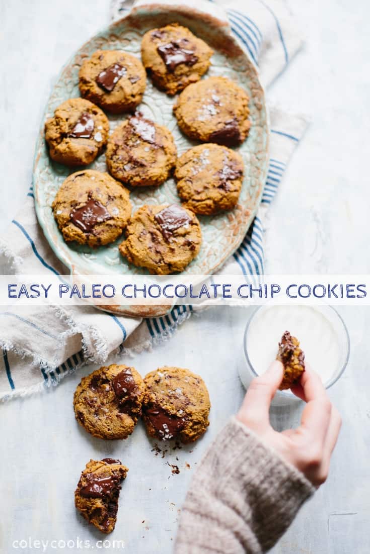 These Paleo Chocolate Chip Cookies are chewy, chocolatey and crazy addictive! This easy recipe is gluten/grain free, dairy free, refined sugar free and shockingly delicious. #easy #chocolate #cookie #glutenfree #recipe #paleo #dairyfree | ColeyCooks.com
