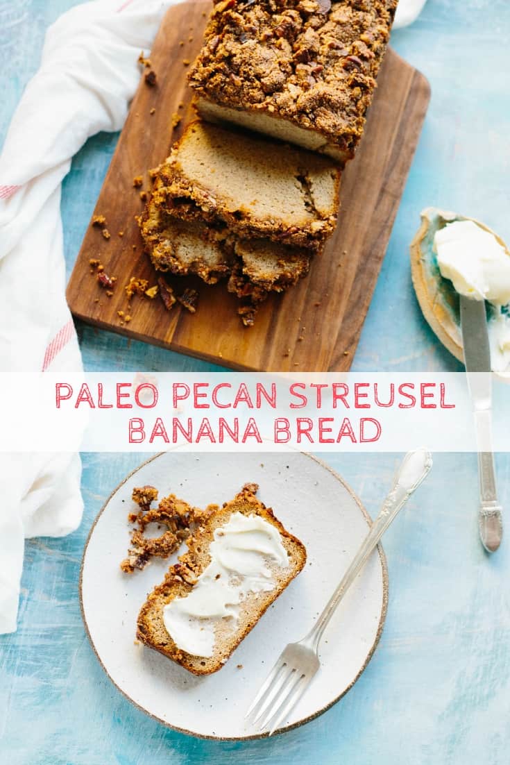 This easy recipe for Paleo Pecan Streusel Banana Bread is gluten free, dairy free + full of protein, fiber and nutrients. It's a healthy banana bread that tastes like cinnamon pecan streusel coffee cake, perfect for easy breakfasts. #easy #paleo #healthy #glutenfree #banana #bread #recipe | ColeyCooks.com