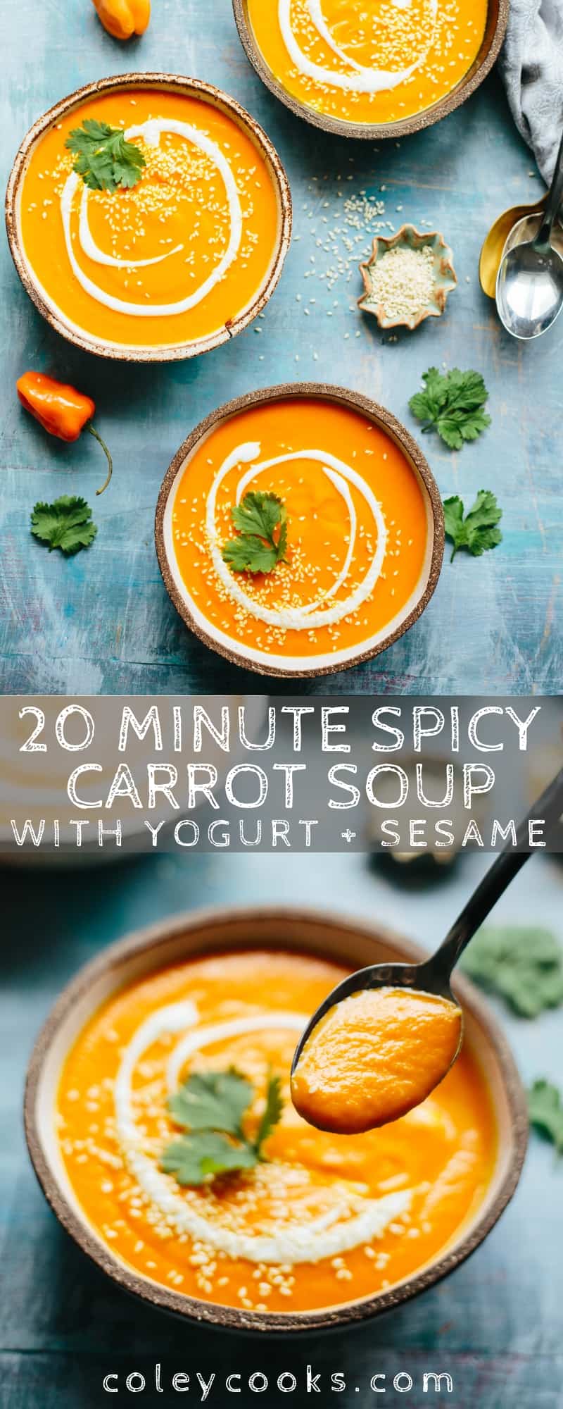 20 Minute Spicy Carrot Soup with Yogurt + Sesame! It's gluten free, vegan friendly, mildly spiced, smooth, creamy and totally delicious! A warming winter soup perfect for snow days! #spicy #easy #carrot #soup #habanero #recipe #yogurt #sesame #glutenfree #vegan #plantbased | ColeyCooks.com