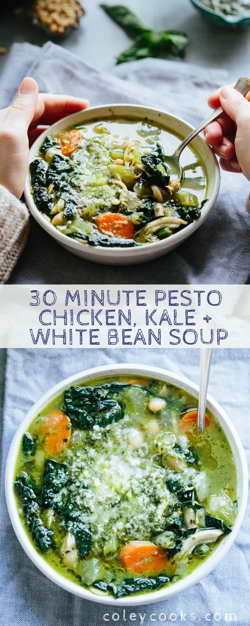 This 30 Minute Pesto Chicken, Kale + White Bean Soup is the perfect cozy recipe to whip up on a cold night when you want something healthy and easy. Gluten free, fresh and delicious! #easy #chicken #soup #recipe #pesto #beans #kale #healthy #glutenfree | ColeyCooks.com