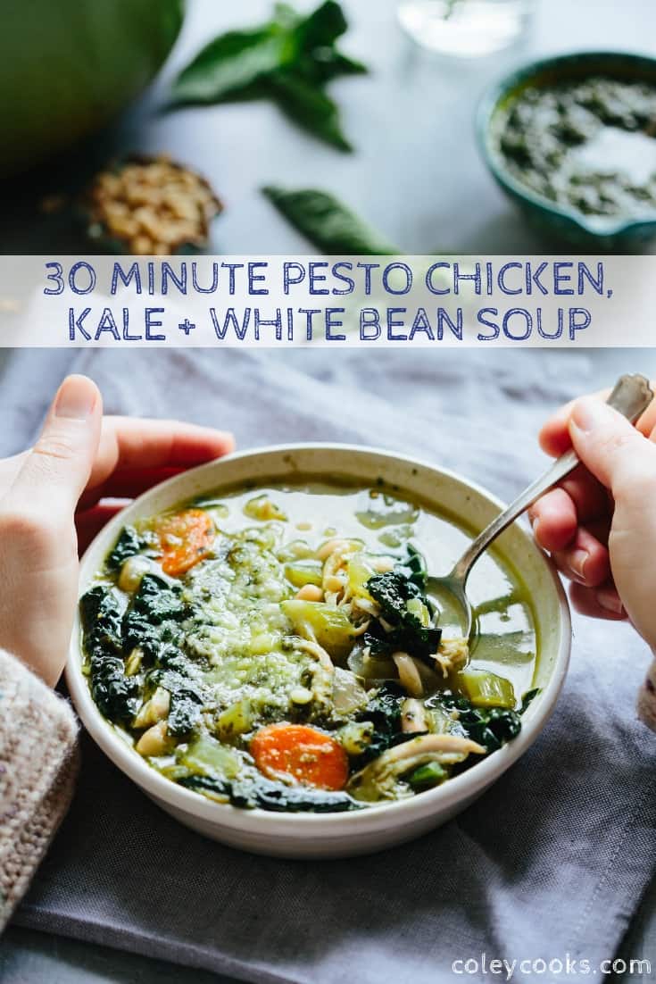 This 30 Minute Pesto Chicken, Kale + White Bean Soup is the perfect cozy recipe to whip up on a cold night when you want something healthy and easy. Gluten free, fresh and delicious! #easy #chicken #soup #recipe #pesto #beans #kale #healthy #glutenfree | ColeyCooks.com