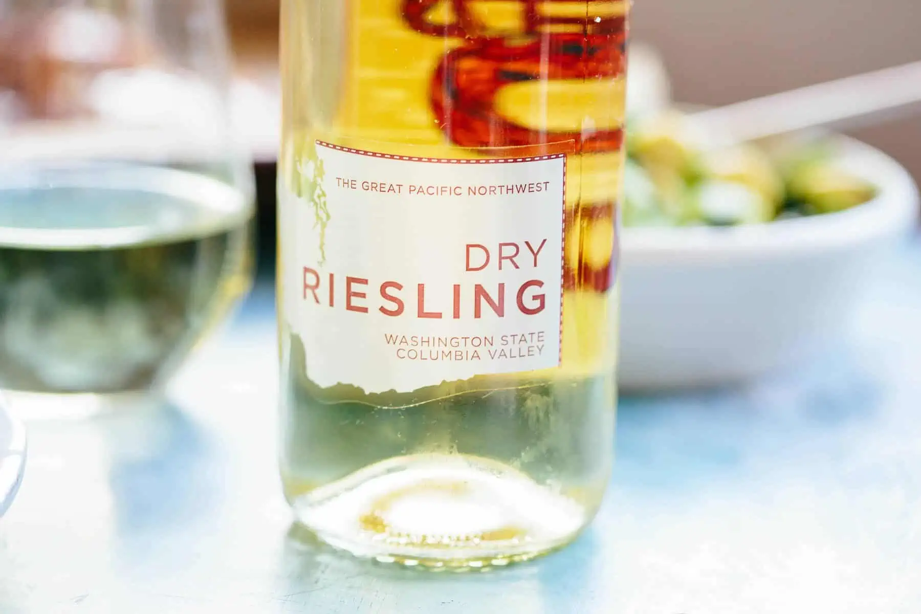 Close up of a bottle of dry riesling.
