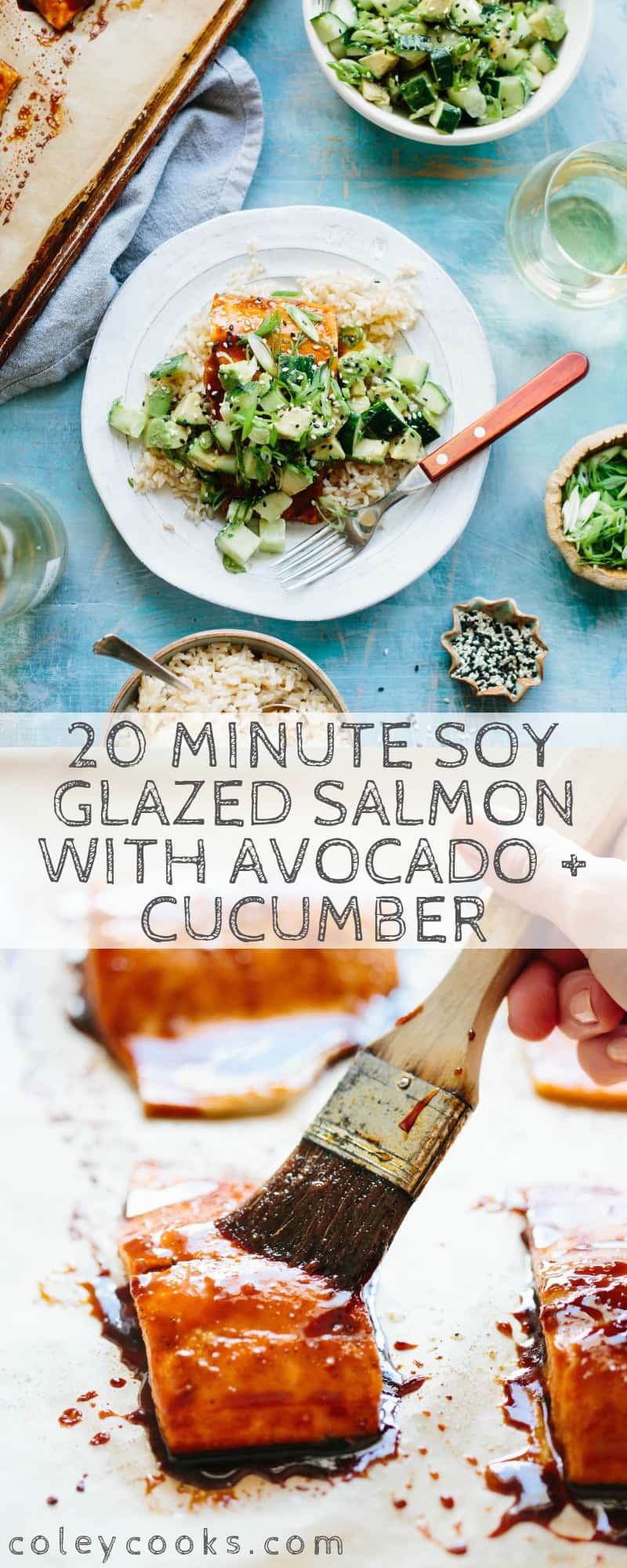 Pinterest collage of soy glazed salmon with avocado cucumber salad recipe.