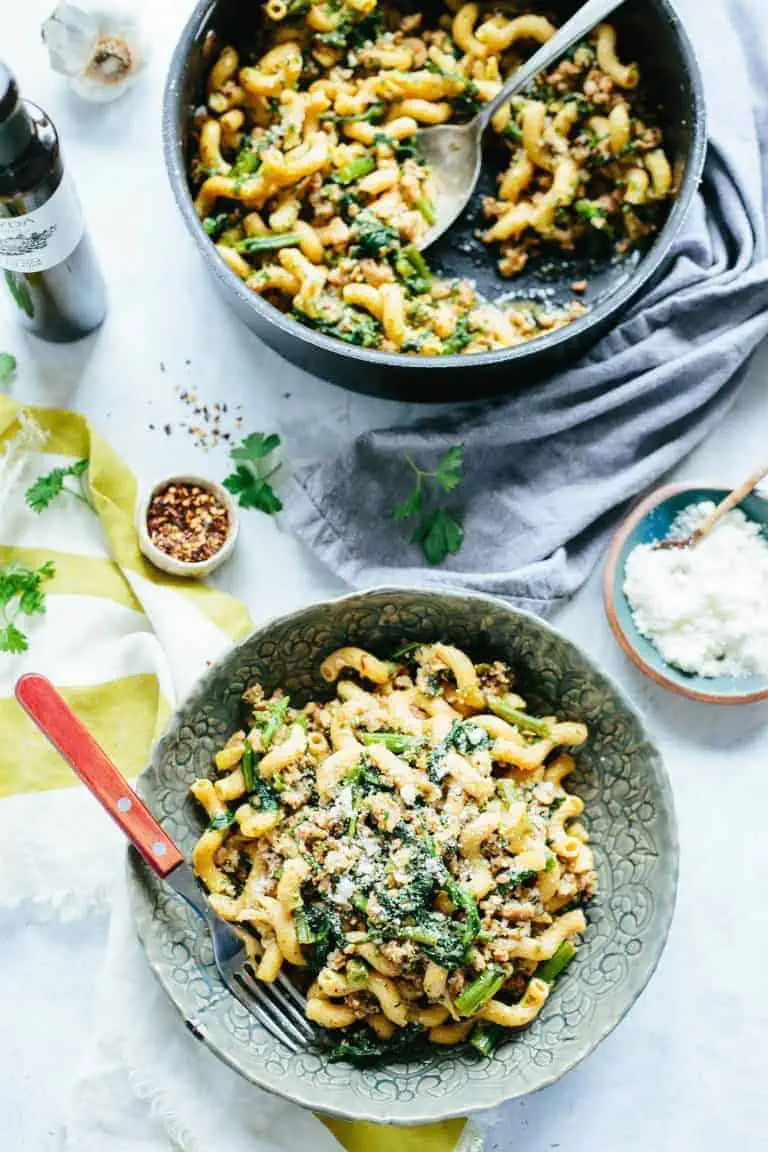 Chick pea pasta with sausage and broccoli for a Thanksgiving side dish. 