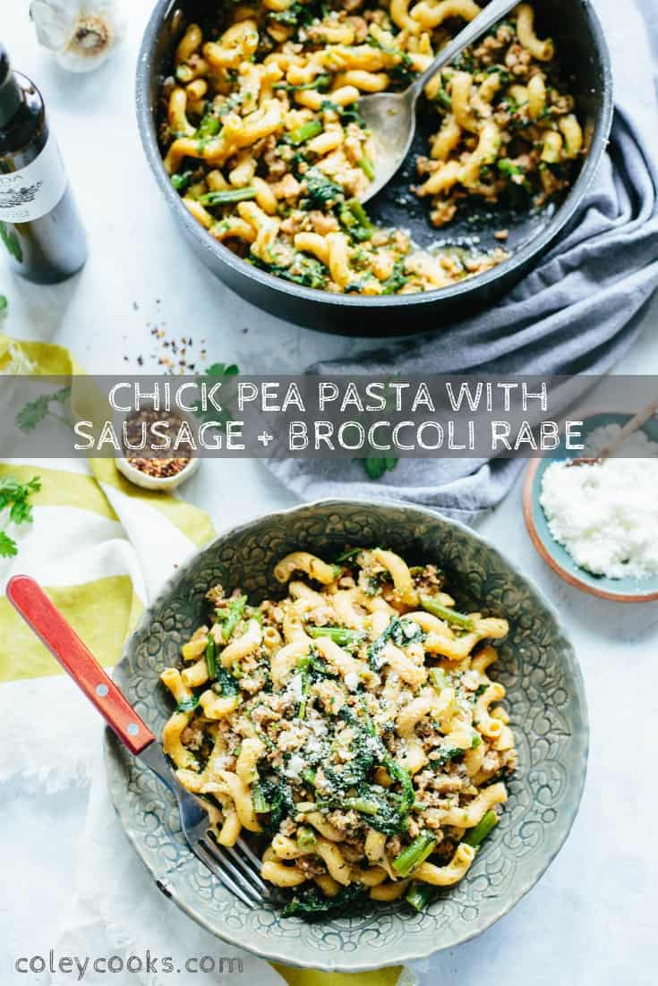 This easy recipe for Chick Pea Pasta with Italian Sausage + Broccoli Rabe is a healthy gluten free dinner that can be on the table in 20 minutes! #easy #glutenfree #pasta #italian #recipe #broccoli #sausage | ColeyCooks.com