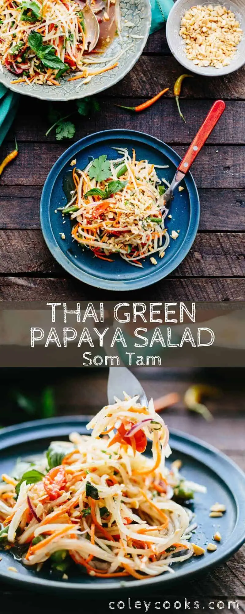 Pinterest collage of shredded Thai green papaya salad both on a plate and a bite on a fork.