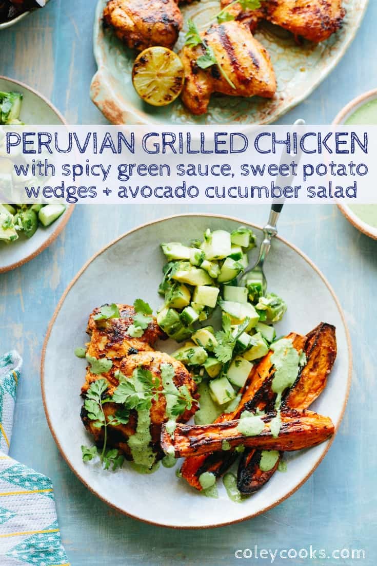 Vertical Pinterest graphic of Peruvian grilled chicken thighs served alongside sweet potato wedges and avocado cucumber salad.