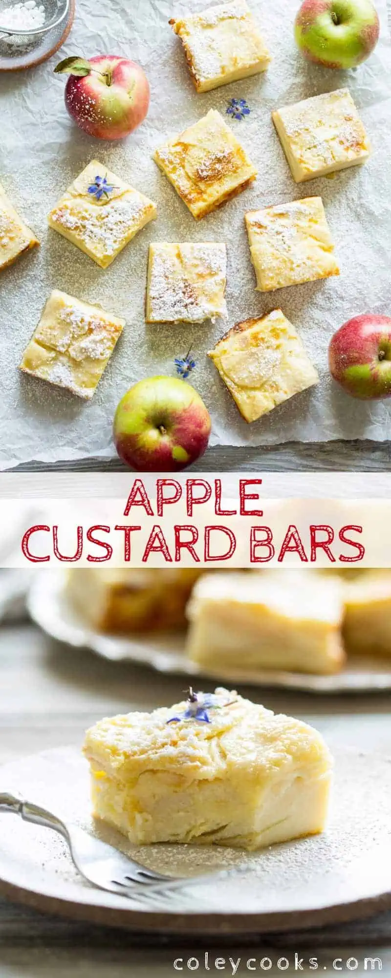 Pinterest collage of an apple custard bar recipe.
