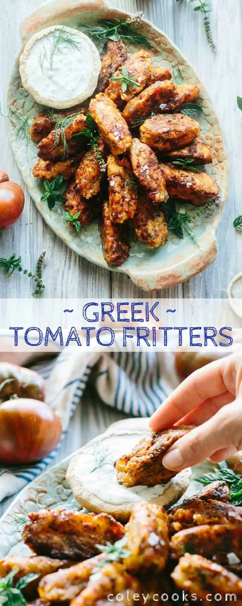 Vertical Pinterest collage of a platter of Greek tomato fritters plus a hand dipping one in tzatziki.