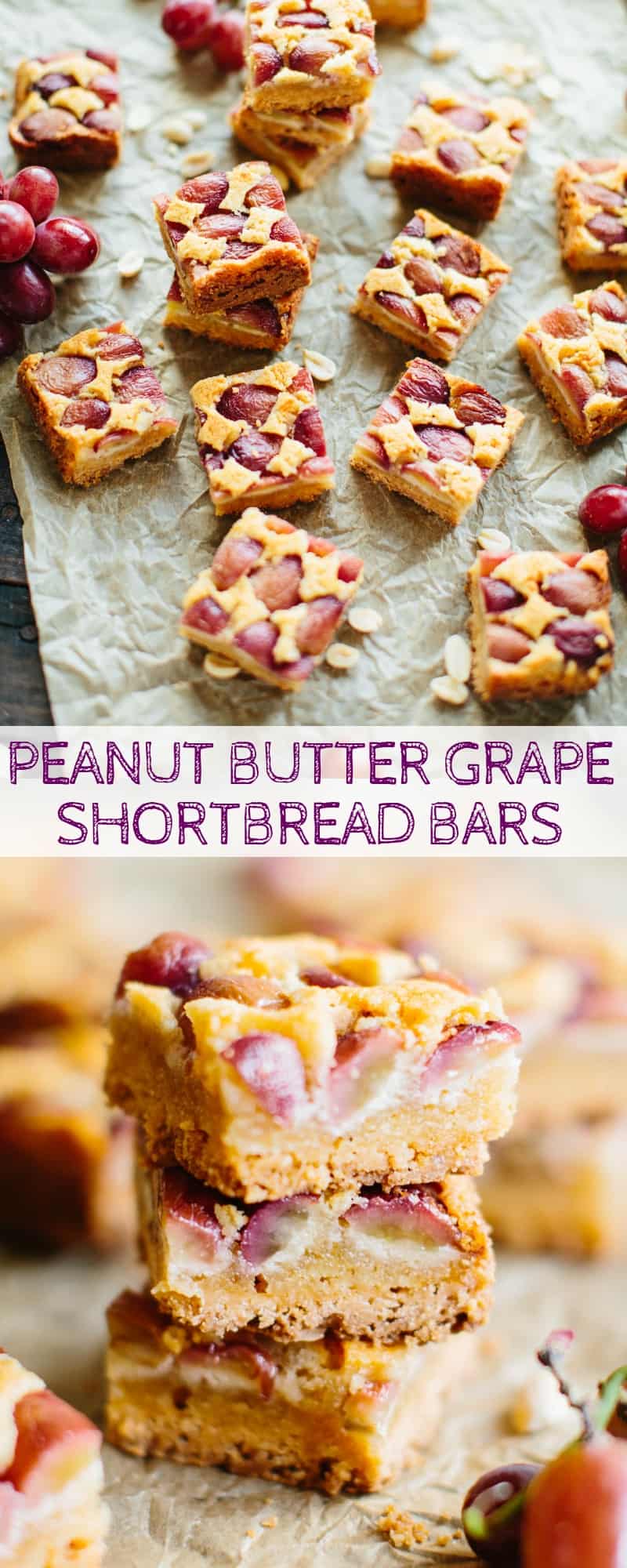 Vertical Pinterest image of peanut butter shortbread grape bars on a baking sheet and plate.