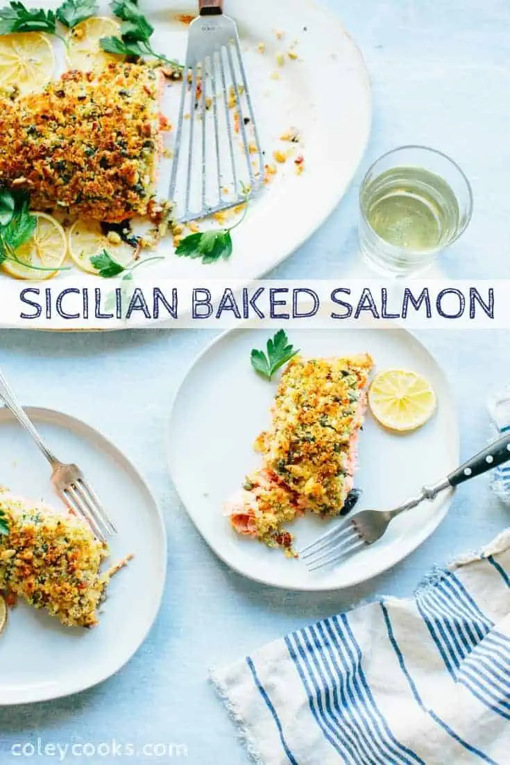 Sicilian Baked Salmon is a delicious and elegant recipe that's easy to prepare, healthy and perfect for entertaining! #easy #holiday #entertaining #sicilian #salmon #fish #recipe | ColeyCooks.com