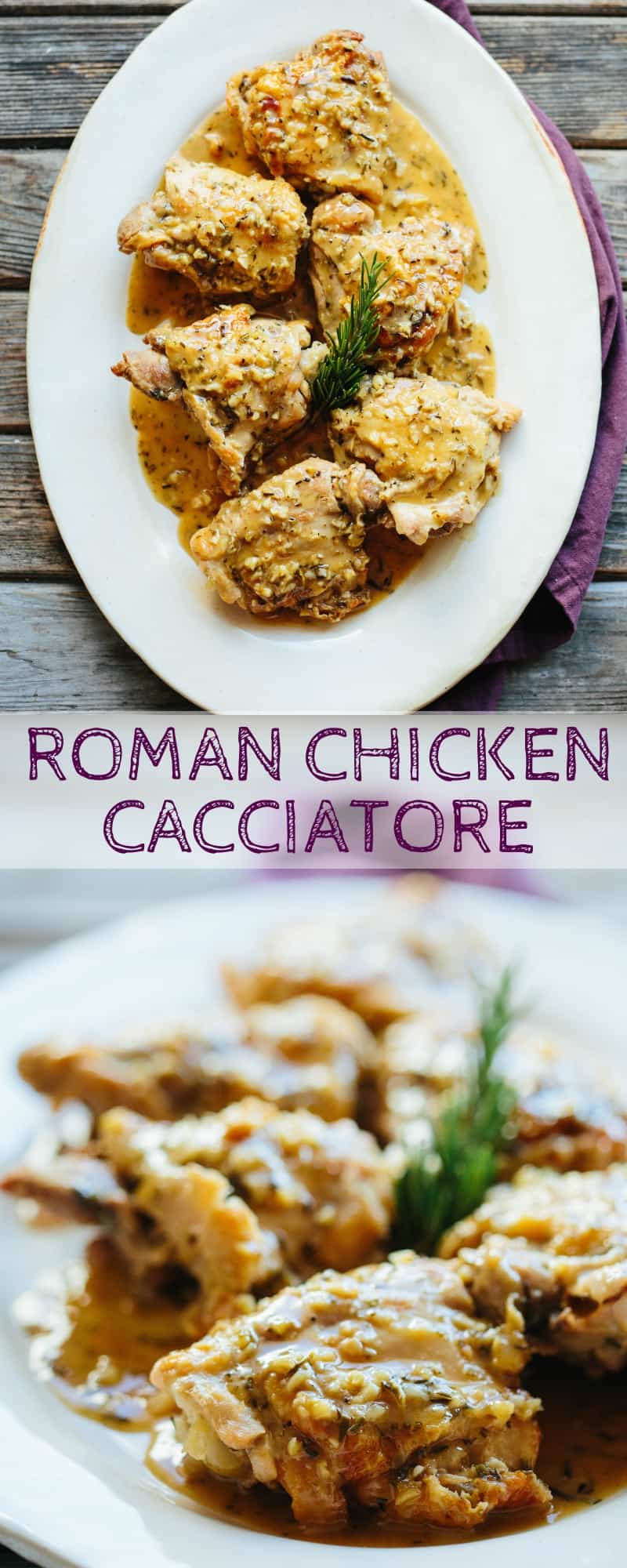 ROMAN CHICKEN CACCIATORE is made with bone-in chicken thighs slowly braised in a flavorful liquid made from white wine, vinegar, garlic and rosemary. #chicken #cacciatore #easy #recipe #roman #vinegar | ColeyCooks.com