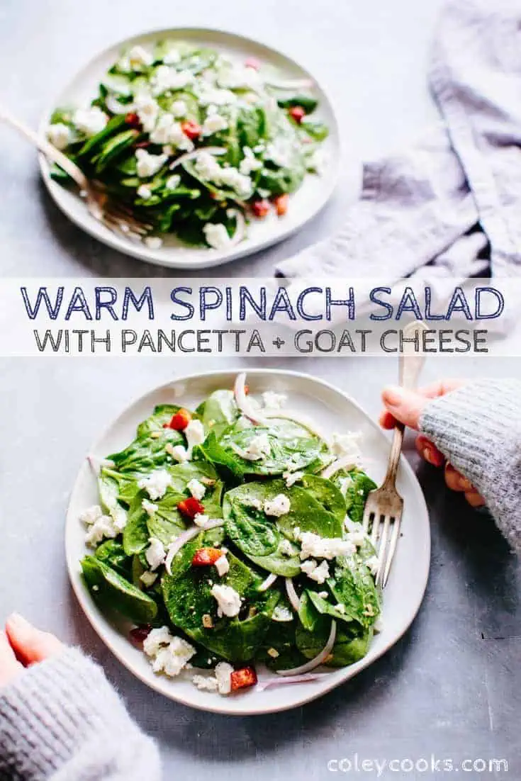 Warm Spinach Salad with Pancetta + Goat Cheese is a steakhouse inspired spinach salad that's great as a starter or main course! #spinach #salad #easy #recipe #cheese #pancetta | ColeyCooks.com