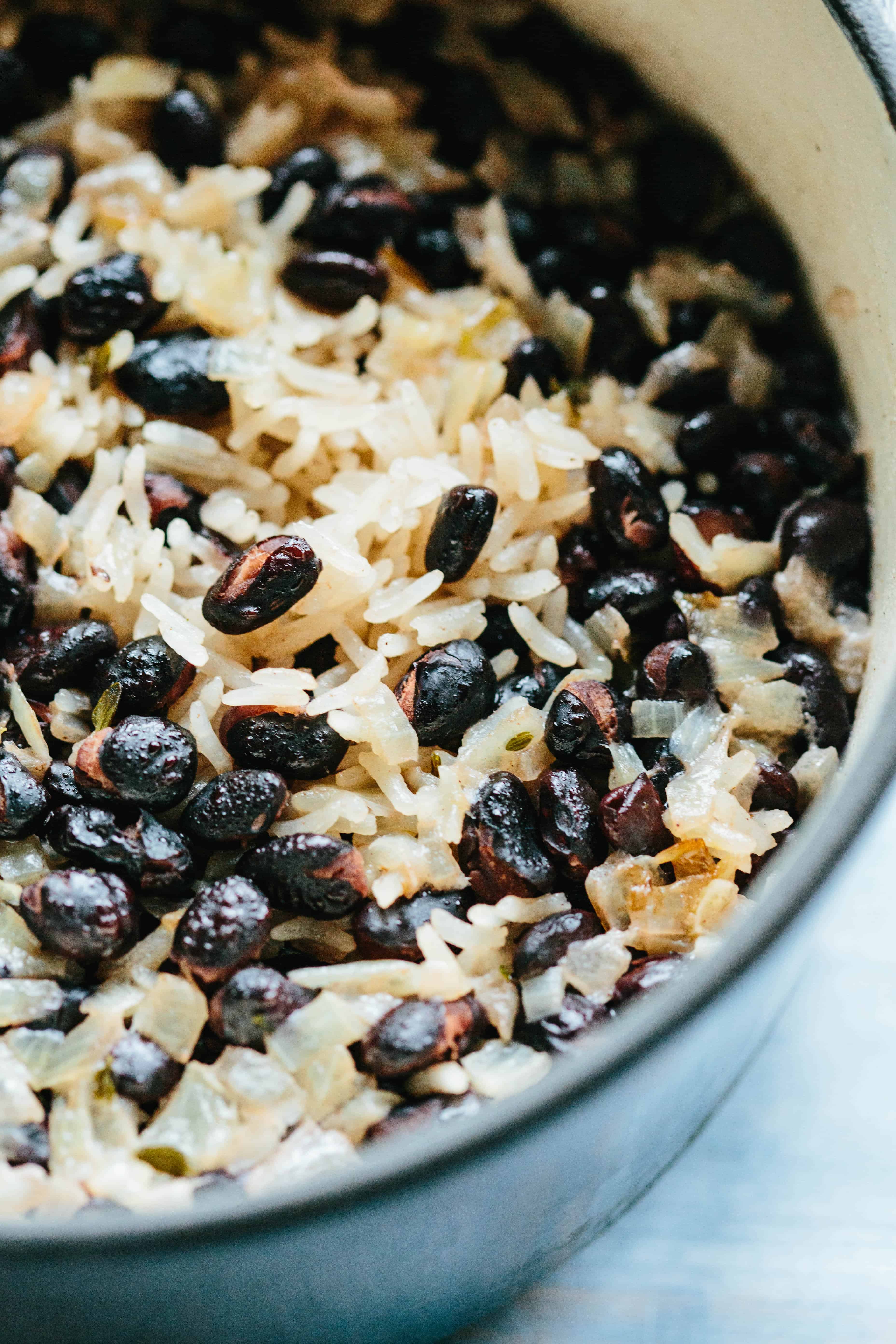 A close up of black beans and rice