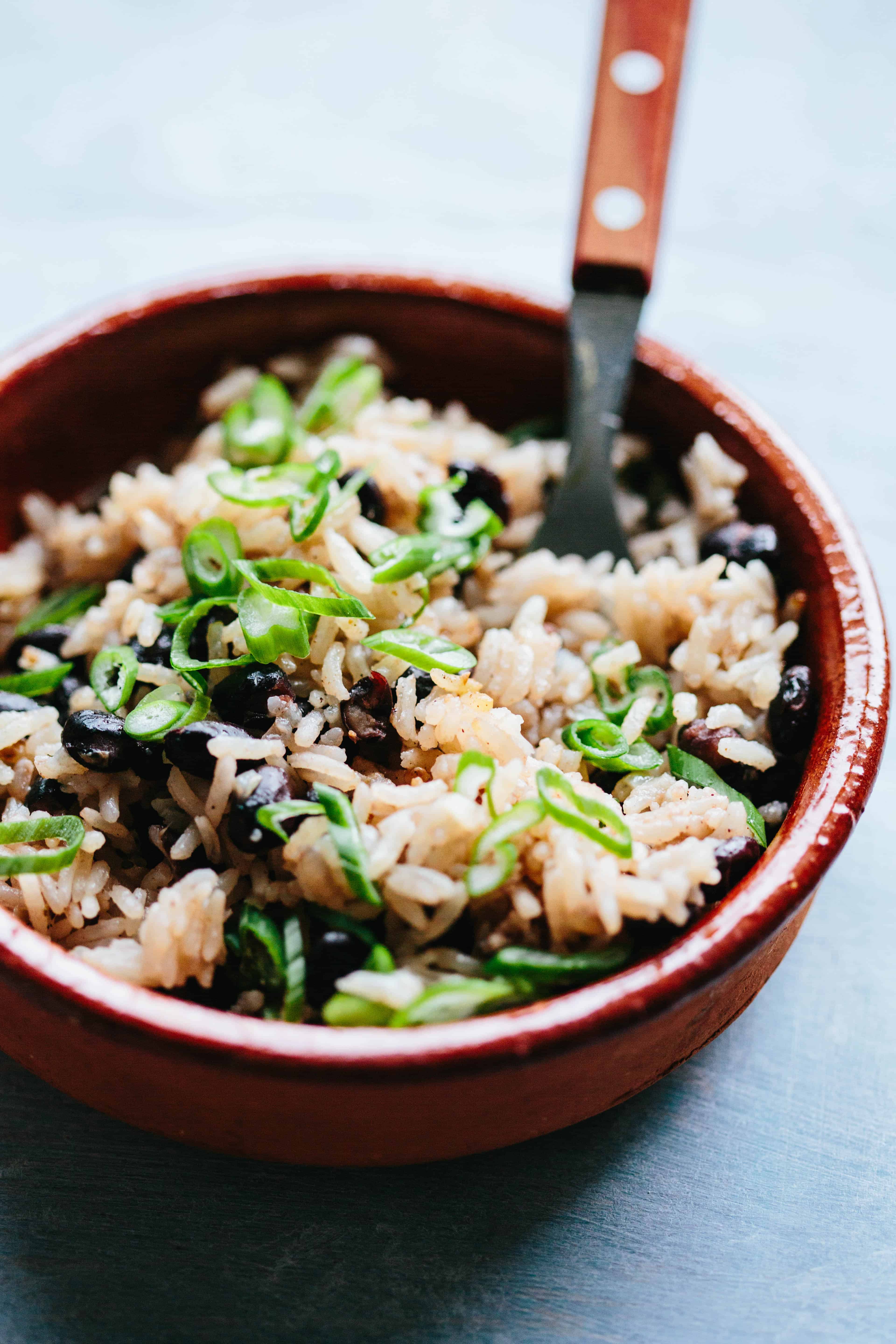 A close up of a bowl of black beans and rice with scallions