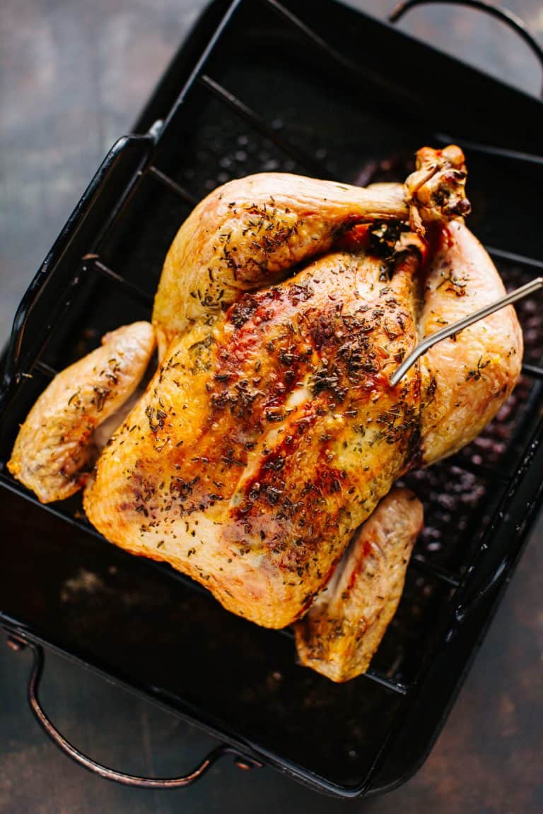 overhead shot of whole chicken in roasting pan