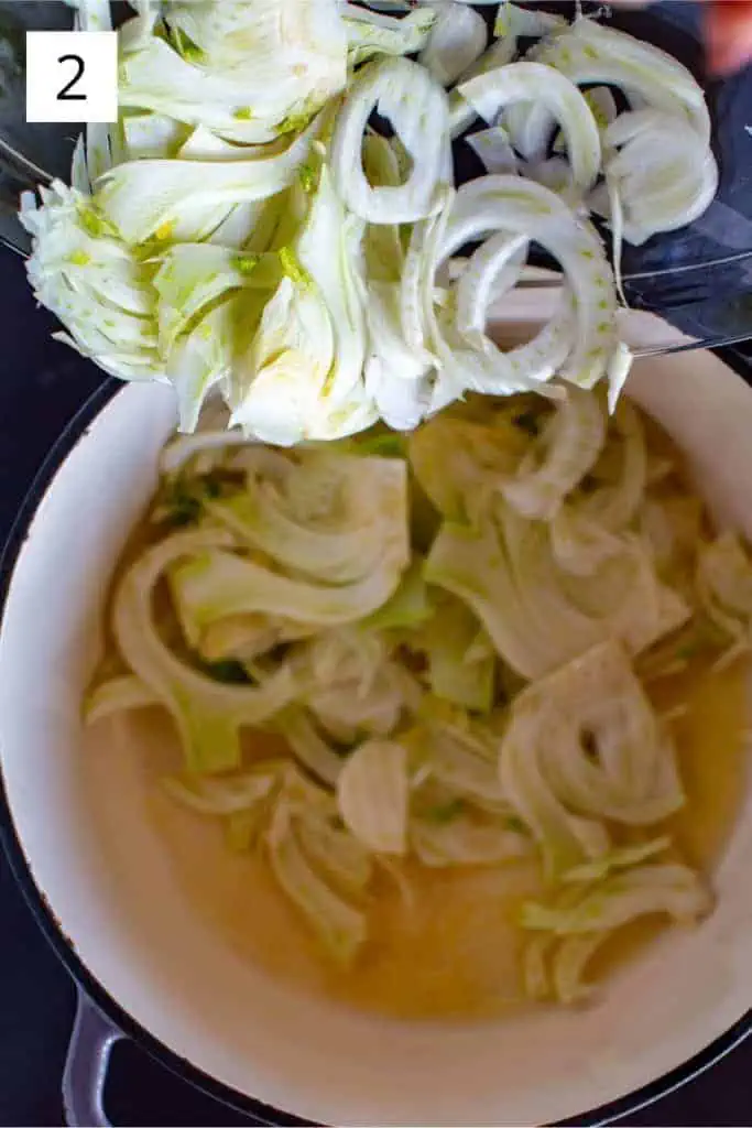 adding fennel to a pot with melted butter