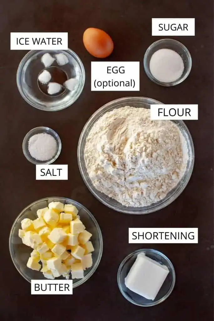 labeled overhead shot of ingredients for flaky pie dough on dark background